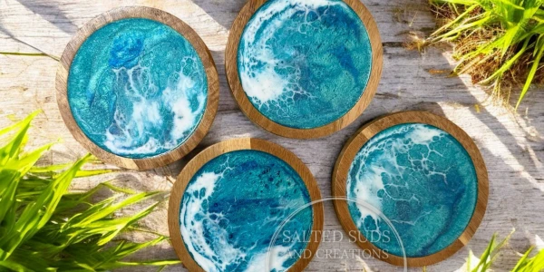 10/18/2025 Ocean Resin Wood Drink Coaster Workshop - Set of 4 - 4" Round Acacia Wood Coasters